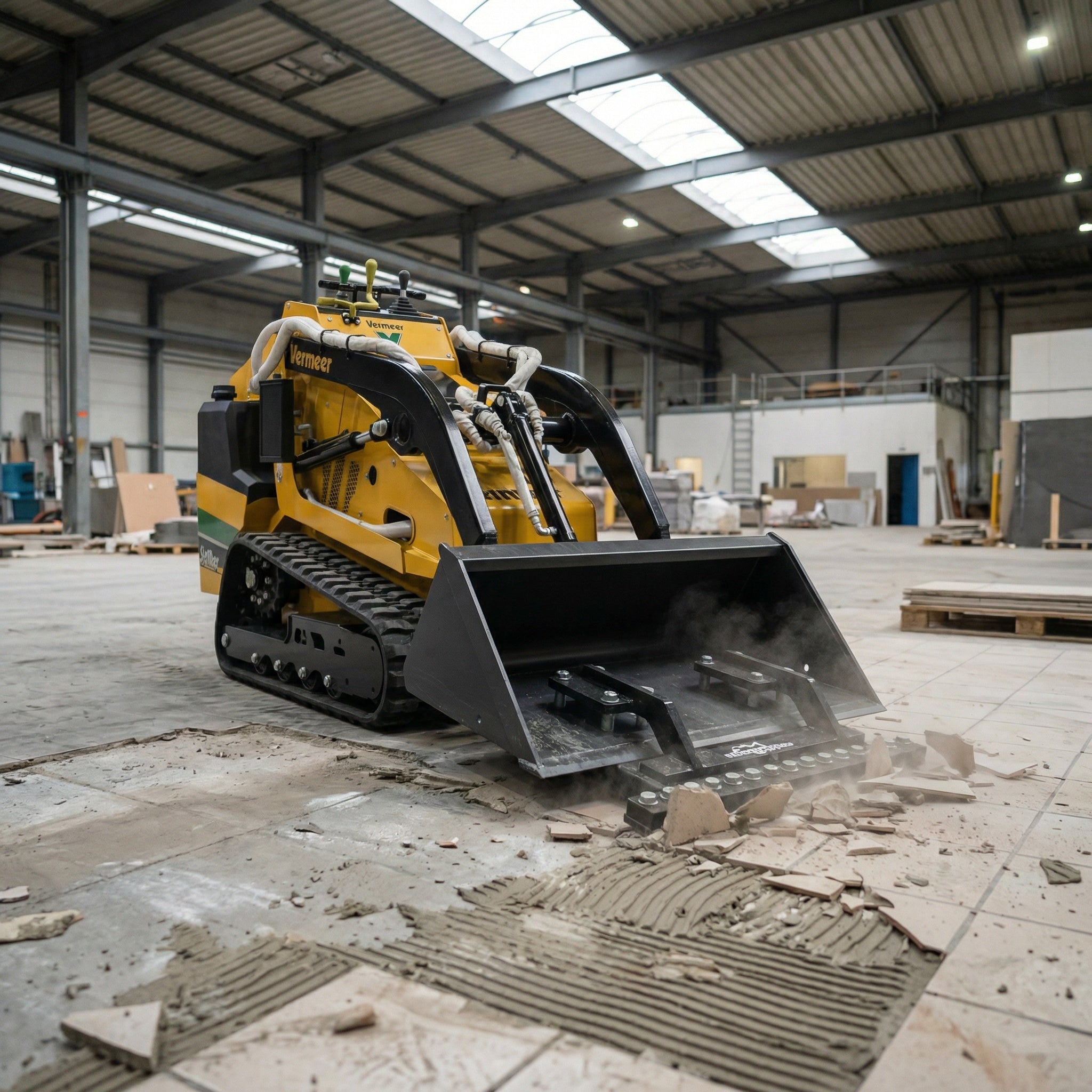 BucketEdge scraper removing tile with a mini skid steer
