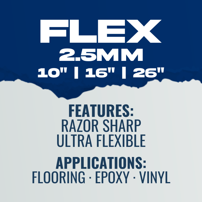 Product description card for 'FLEX' material with specifications and features on a blue and white background.