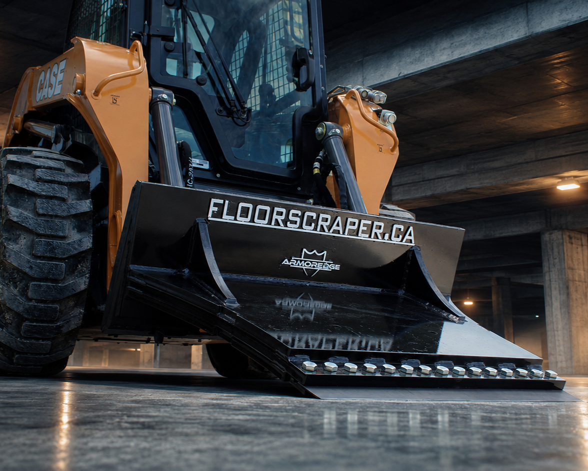 A close-up low-angle shot of a black floor scraper attachment mounted on an orange CASE skid steer inside a concrete industrial facility. The scraper blade features the text 'FLOORSCRAPER.