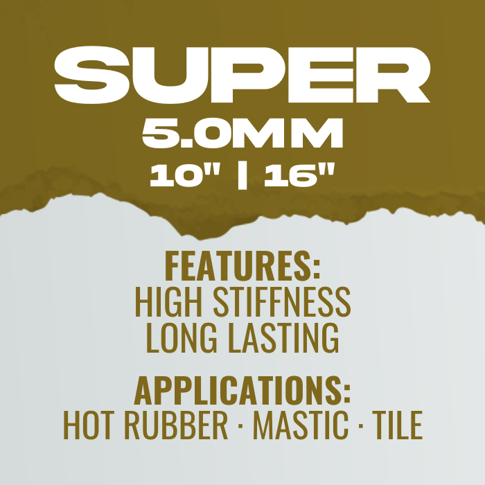 Product advertisement with text about 'Super 5.0MM' material features and applications on a brown and white background.