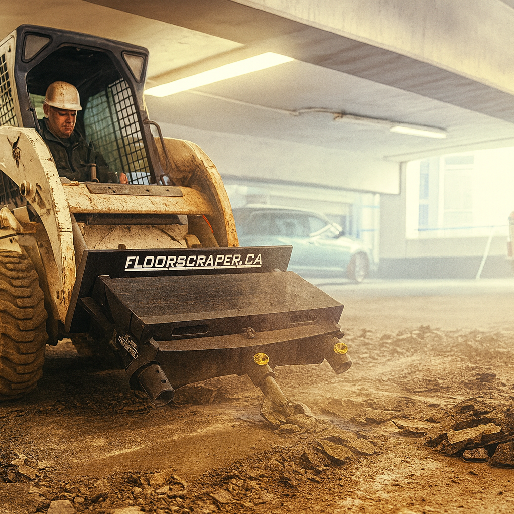 Skid steer loader in an indoor construction area with 'floorscraper.ca' branding.
